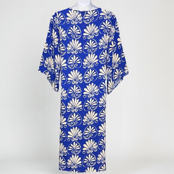Aelia Anna Greek Print Kaftan Blue White Maxi Dress VNeck Resort Cruise One Size - Picture 8 of 9